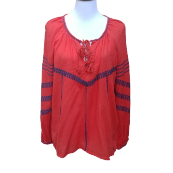 Intropia Red Peasant Blouse Embroidered Print Lace-Up Neck Folk Traditional - Picture 1 of 15